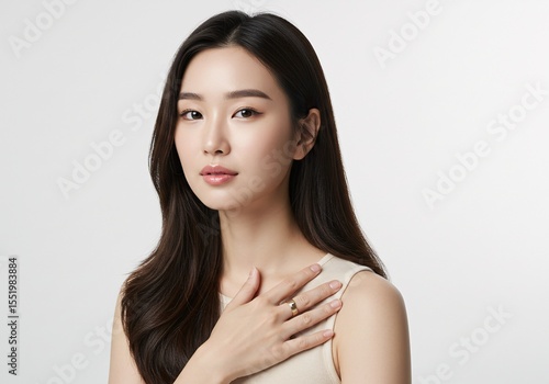 Elegant Asian Woman with Long Dark Hair Gently Touching Her Chest Wearing a Simple Gold Ring Against a White Background