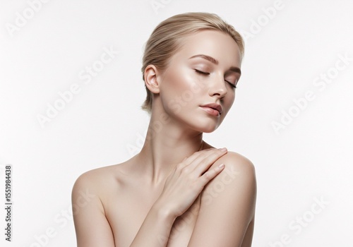 Serene blonde woman with flawless skin gently touches her shoulder against a clean white background showcasing beauty health and wellness.