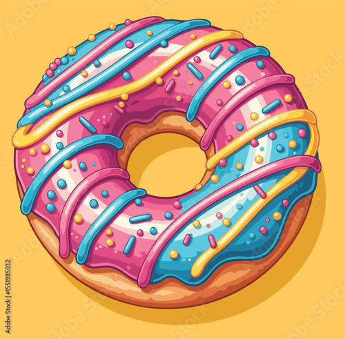 A colorful, glazed donut vector illustration, rendered in a vibrant, eye-catching style, suitable for a sticker, with bright pink, blue, and yellow icing.