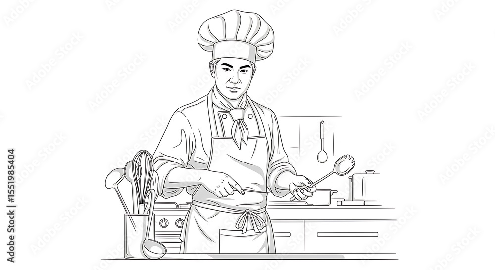 Chef Cooking Meal in Kitchen Illustration Chef Cooking Meal in Kitchen Illustration