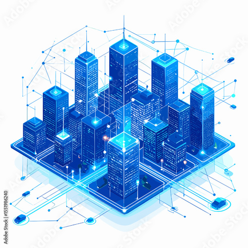 Digital Isometric Cityscape with Blue Buildings Network and Futuristic Design