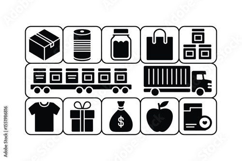 Black Icon Set Delivery Truck Shipping Boxes Packages Goods