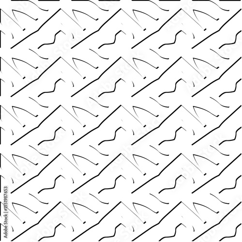  3d relief tiles.
Vector pattern with symmetrical elements . Modern stylish abstract texture. Repeating tiles from striped elements. Black and white pattern.