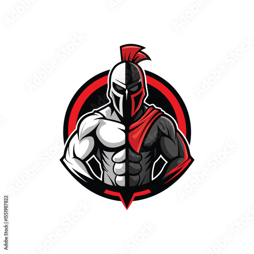 Powerful half Spartan warrior and modern gym athlete hybrid logo design, fitness emblem, strong sports icon, warrior strength, athletic fitness branding, gym and warrior fusion