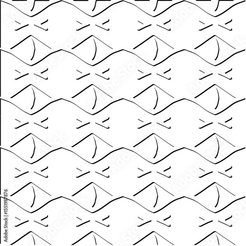  3d relief tiles.
Vector pattern with symmetrical elements . Modern stylish abstract texture. Repeating tiles from striped elements. Black and white pattern.