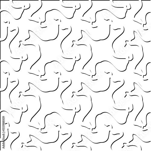  3d relief tiles.
Vector pattern with symmetrical elements . Modern stylish abstract texture. Repeating tiles from striped elements. Black and white pattern.