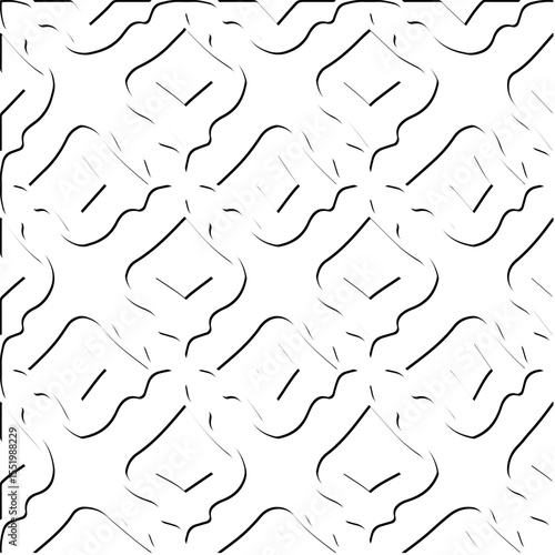  3d relief tiles.
Vector pattern with symmetrical elements . Modern stylish abstract texture. Repeating tiles from striped elements. Black and white pattern.