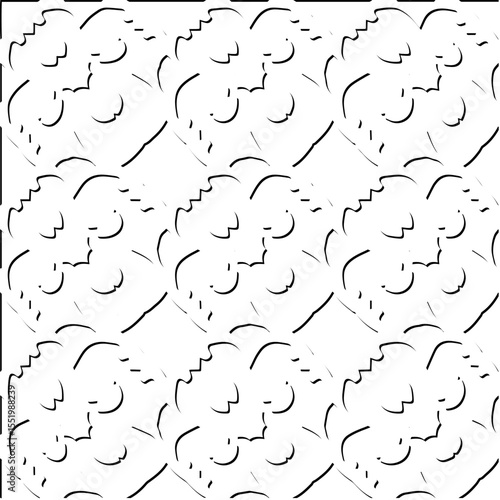  3d relief tiles.
Vector pattern with symmetrical elements . Modern stylish abstract texture. Repeating tiles from striped elements. Black and white pattern.