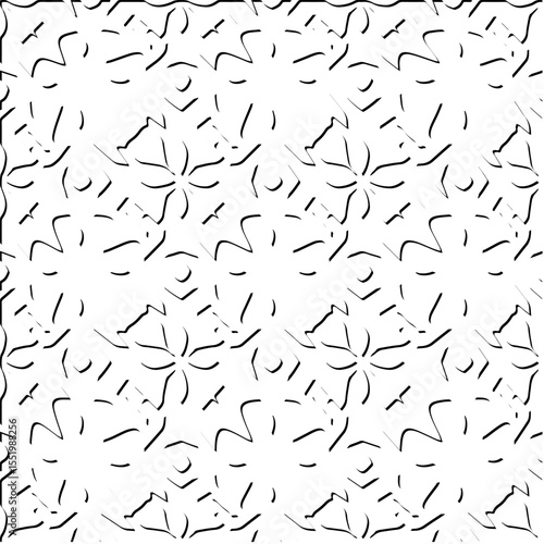  3d relief tiles.
Vector pattern with symmetrical elements . Modern stylish abstract texture. Repeating tiles from striped elements. Black and white pattern.