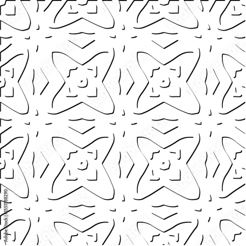  3d relief tiles.
Vector pattern with symmetrical elements . Modern stylish abstract texture. Repeating tiles from striped elements. Black and white pattern.