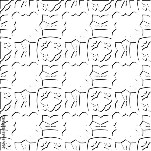  3d relief tiles.
Vector pattern with symmetrical elements . Modern stylish abstract texture. Repeating tiles from striped elements. Black and white pattern.