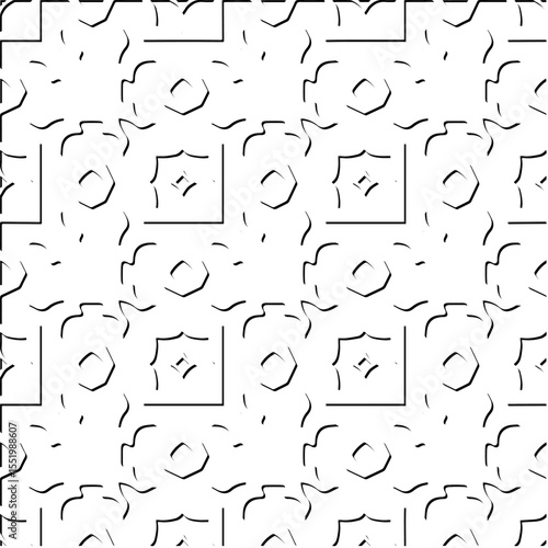  3d relief tiles.
Vector pattern with symmetrical elements . Modern stylish abstract texture. Repeating tiles from striped elements. Black and white pattern.
