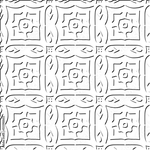  3d relief tiles.
Vector pattern with symmetrical elements . Modern stylish abstract texture. Repeating tiles from striped elements. Black and white pattern.