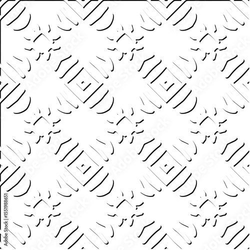  3d relief tiles.
Vector pattern with symmetrical elements . Modern stylish abstract texture. Repeating tiles from striped elements. Black and white pattern.