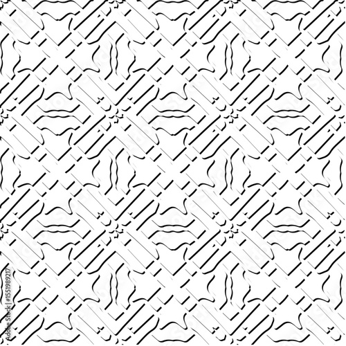  3d relief tiles.
Vector pattern with symmetrical elements . Modern stylish abstract texture. Repeating tiles from striped elements. Black and white pattern.