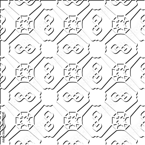  3d relief tiles.
Vector pattern with symmetrical elements . Modern stylish abstract texture. Repeating tiles from striped elements. Black and white pattern.