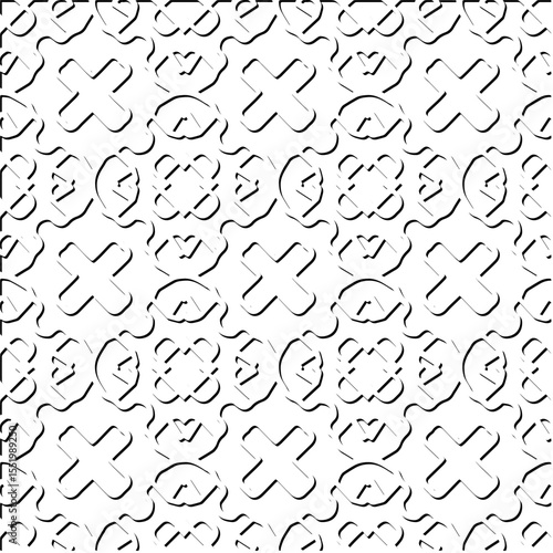  3d relief tiles.
Vector pattern with symmetrical elements . Modern stylish abstract texture. Repeating tiles from striped elements. Black and white pattern.