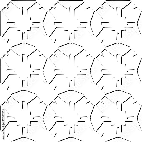  3d relief tiles.
Vector pattern with symmetrical elements . Modern stylish abstract texture. Repeating tiles from striped elements. Black and white pattern.