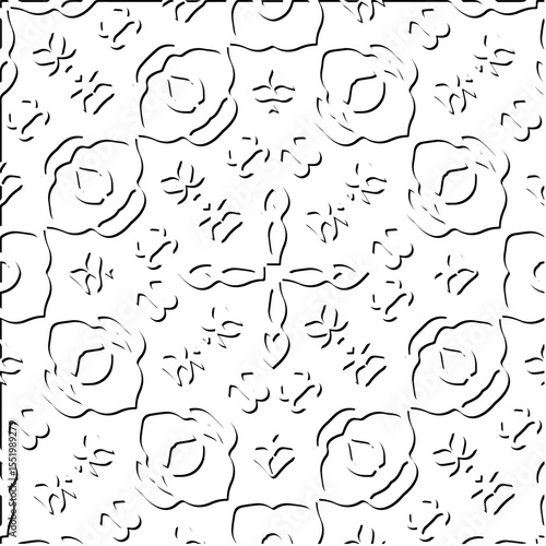  3d relief tiles.
Vector pattern with symmetrical elements . Modern stylish abstract texture. Repeating tiles from striped elements. Black and white pattern.