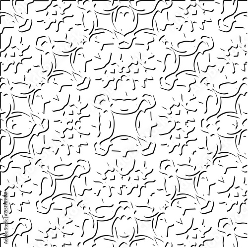  3d relief tiles.
Vector pattern with symmetrical elements . Modern stylish abstract texture. Repeating tiles from striped elements. Black and white pattern.