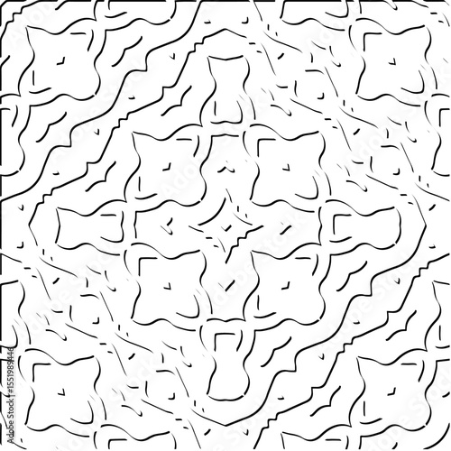  3d relief tiles.
Vector pattern with symmetrical elements . Modern stylish abstract texture. Repeating tiles from striped elements. Black and white pattern.