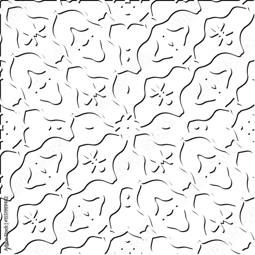  3d relief tiles.
Vector pattern with symmetrical elements . Modern stylish abstract texture. Repeating tiles from striped elements. Black and white pattern.