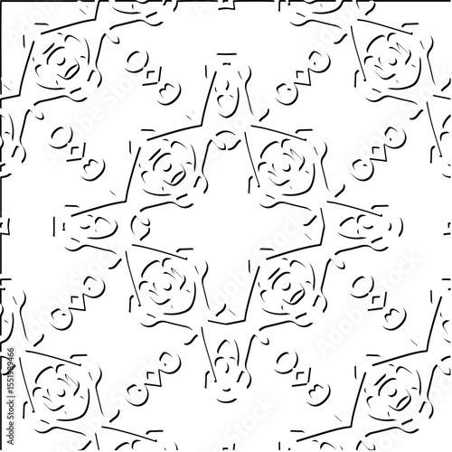  3d relief tiles.
Vector pattern with symmetrical elements . Modern stylish abstract texture. Repeating tiles from striped elements. Black and white pattern.