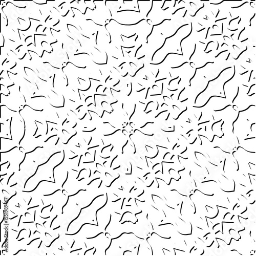  3d relief tiles.
Vector pattern with symmetrical elements . Modern stylish abstract texture. Repeating tiles from striped elements. Black and white pattern.