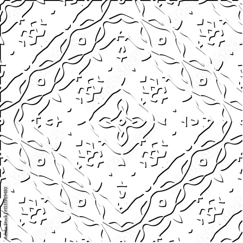  3d relief tiles.
Vector pattern with symmetrical elements . Modern stylish abstract texture. Repeating tiles from striped elements. Black and white pattern.