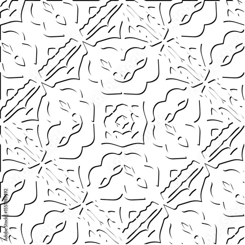  3d relief tiles.
Vector pattern with symmetrical elements . Modern stylish abstract texture. Repeating tiles from striped elements. Black and white pattern.