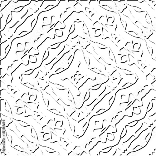  3d relief tiles.
Vector pattern with symmetrical elements . Modern stylish abstract texture. Repeating tiles from striped elements. Black and white pattern.