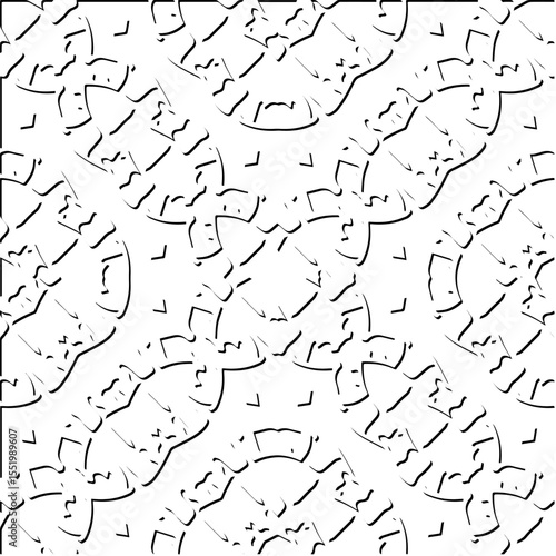  3d relief tiles.
Vector pattern with symmetrical elements . Modern stylish abstract texture. Repeating tiles from striped elements. Black and white pattern.