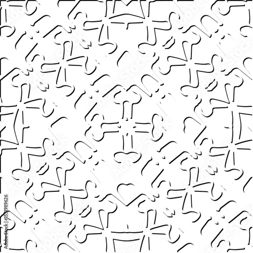  3d relief tiles.
Vector pattern with symmetrical elements . Modern stylish abstract texture. Repeating tiles from striped elements. Black and white pattern.