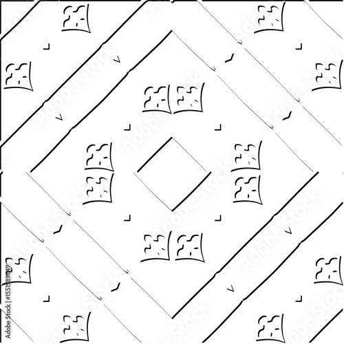  3d relief tiles.
Vector pattern with symmetrical elements . Modern stylish abstract texture. Repeating tiles from striped elements. Black and white pattern.