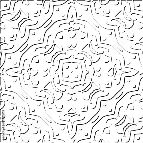  3d relief tiles.
Vector pattern with symmetrical elements . Modern stylish abstract texture. Repeating tiles from striped elements. Black and white pattern.
