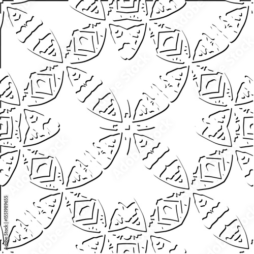  3d relief tiles.
Vector pattern with symmetrical elements . Modern stylish abstract texture. Repeating tiles from striped elements. Black and white pattern.