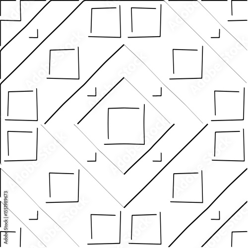  3d relief tiles.
Vector pattern with symmetrical elements . Modern stylish abstract texture. Repeating tiles from striped elements. Black and white pattern.