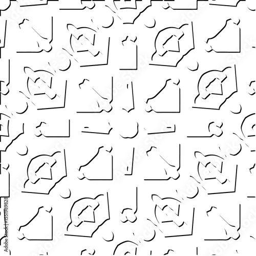 3d relief tiles.
Vector pattern with symmetrical elements . Modern stylish abstract texture. Repeating tiles from striped elements. Black and white pattern.