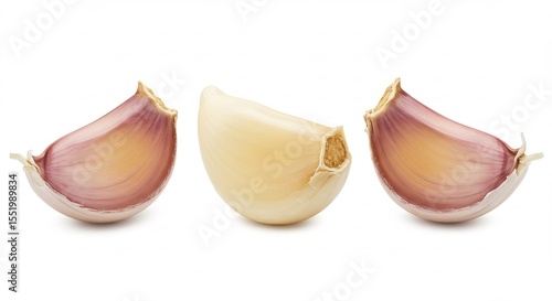 햇살 가득한 싱싱한 마늘 세 쪽 깔끔한 정물 사진