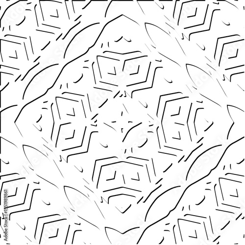 3d relief tiles.
Vector pattern with symmetrical elements . Modern stylish abstract texture. Repeating tiles from striped elements. Black and white pattern.