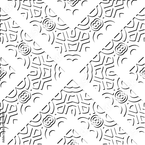 3d relief tiles.
Vector pattern with symmetrical elements . Modern stylish abstract texture. Repeating tiles from striped elements. Black and white pattern.