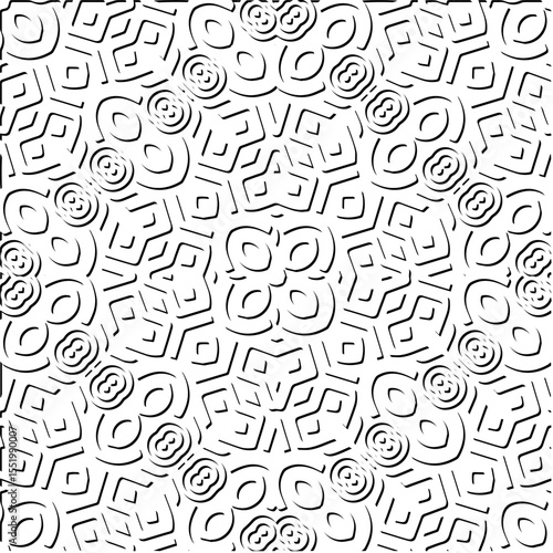 3d relief tiles.
Vector pattern with symmetrical elements . Modern stylish abstract texture. Repeating tiles from striped elements. Black and white pattern.