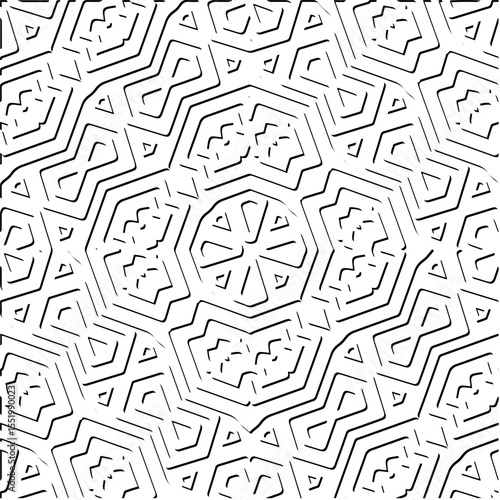 3d relief tiles.
Vector pattern with symmetrical elements . Modern stylish abstract texture. Repeating tiles from striped elements. Black and white pattern.