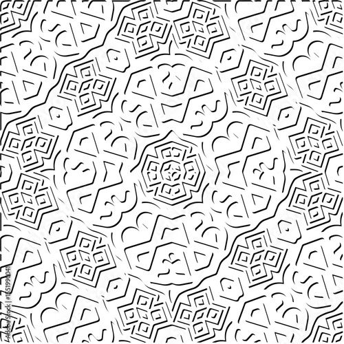3d relief tiles.
Vector pattern with symmetrical elements . Modern stylish abstract texture. Repeating tiles from striped elements. Black and white pattern.
