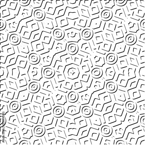 3d relief tiles.
Vector pattern with symmetrical elements . Modern stylish abstract texture. Repeating tiles from striped elements. Black and white pattern.