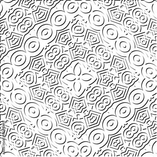 3d relief tiles.
Vector pattern with symmetrical elements . Modern stylish abstract texture. Repeating tiles from striped elements. Black and white pattern.