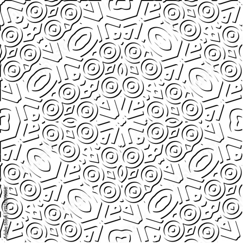 3d relief tiles.
Vector pattern with symmetrical elements . Modern stylish abstract texture. Repeating tiles from striped elements. Black and white pattern.