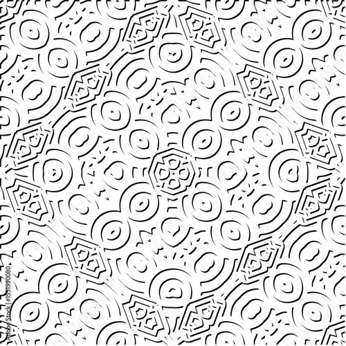 3d relief tiles.
Vector pattern with symmetrical elements . Modern stylish abstract texture. Repeating tiles from striped elements. Black and white pattern.