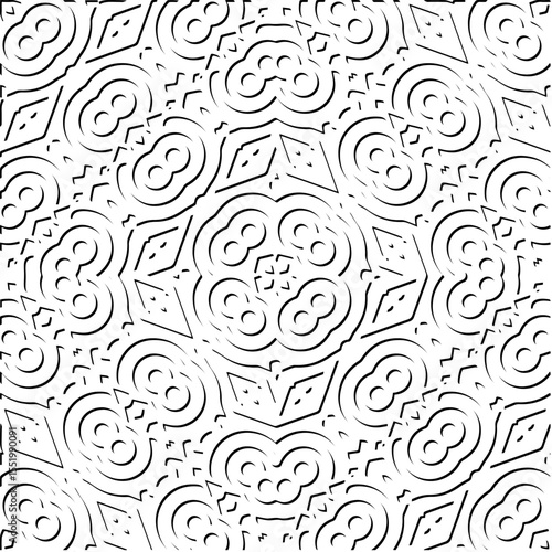 3d relief tiles.
Vector pattern with symmetrical elements . Modern stylish abstract texture. Repeating tiles from striped elements. Black and white pattern.
