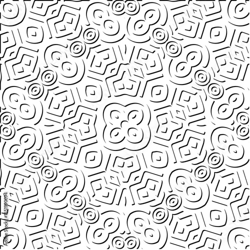 3d relief tiles.
Vector pattern with symmetrical elements . Modern stylish abstract texture. Repeating tiles from striped elements. Black and white pattern.